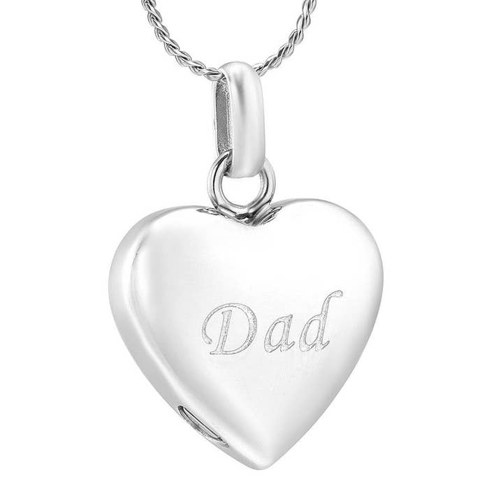 Cherished Emblems – wholesale Pendant/charm necklace – Simple Heart Cremation Urn Necklace Etched With Dad