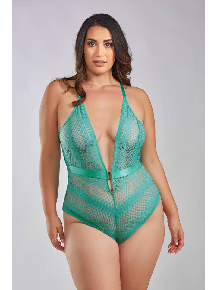 iCollection - Wholesale Lingerie Bodysuit - Women's - Best Seller! Hazel Plus Size Lace Plunge Bodysuit Lingerie
