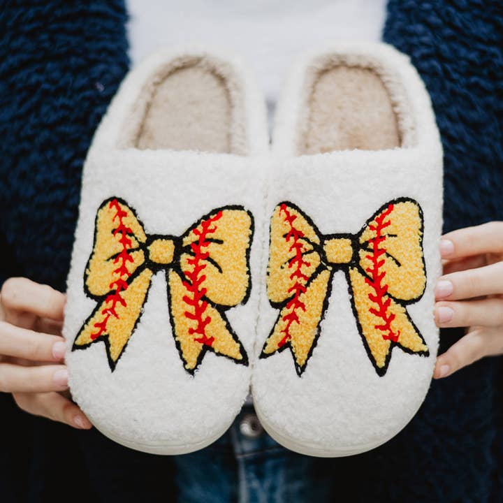 Softball Bow Fuzzy Slippers for wholesale by Katydid