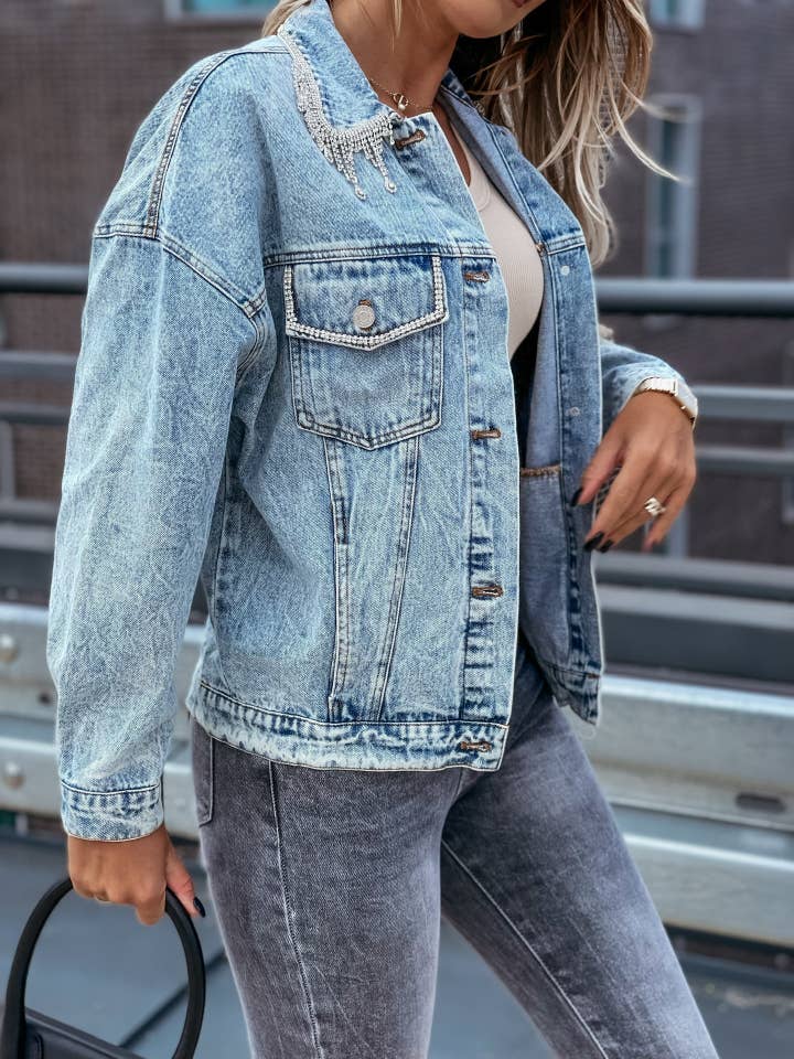 Bleu Veste en jean ornée de pampilles en strass pour femme en vente sur Faire2
