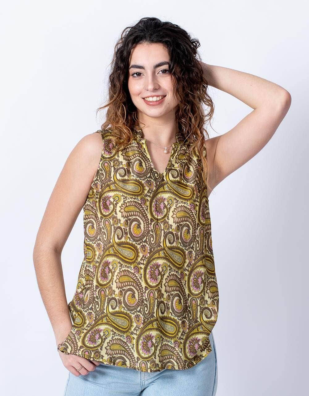 yellow Basic Silk Sleeveless Shirt for wholesale on Faire2