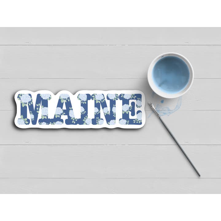 MAINE Blue Hydrangea Watercolor New England Sticker for wholesale by WonderfullyWrittenCo