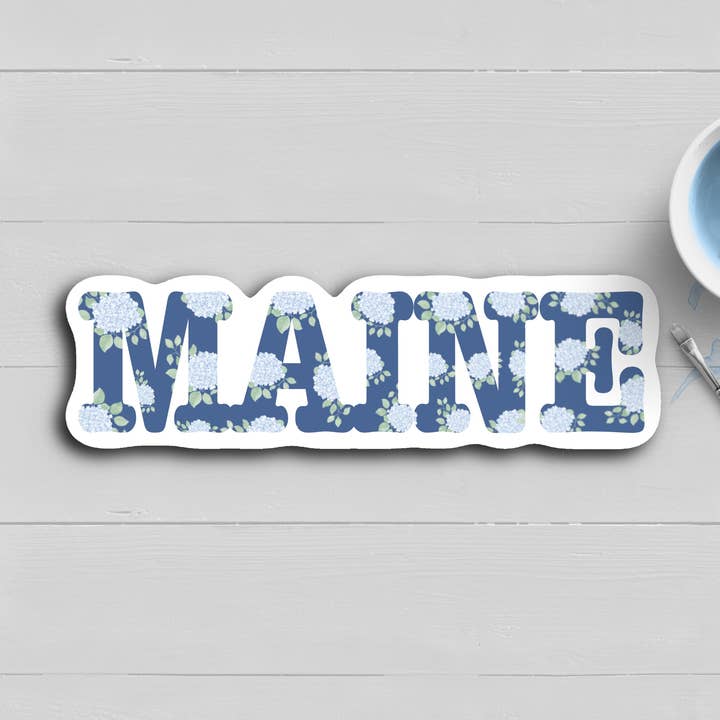 Autocollant à l'aquarelle de la Nouvelle-Angleterre avec hortensia bleu du MAINE pour la vente par WonderfullyWrittenCo