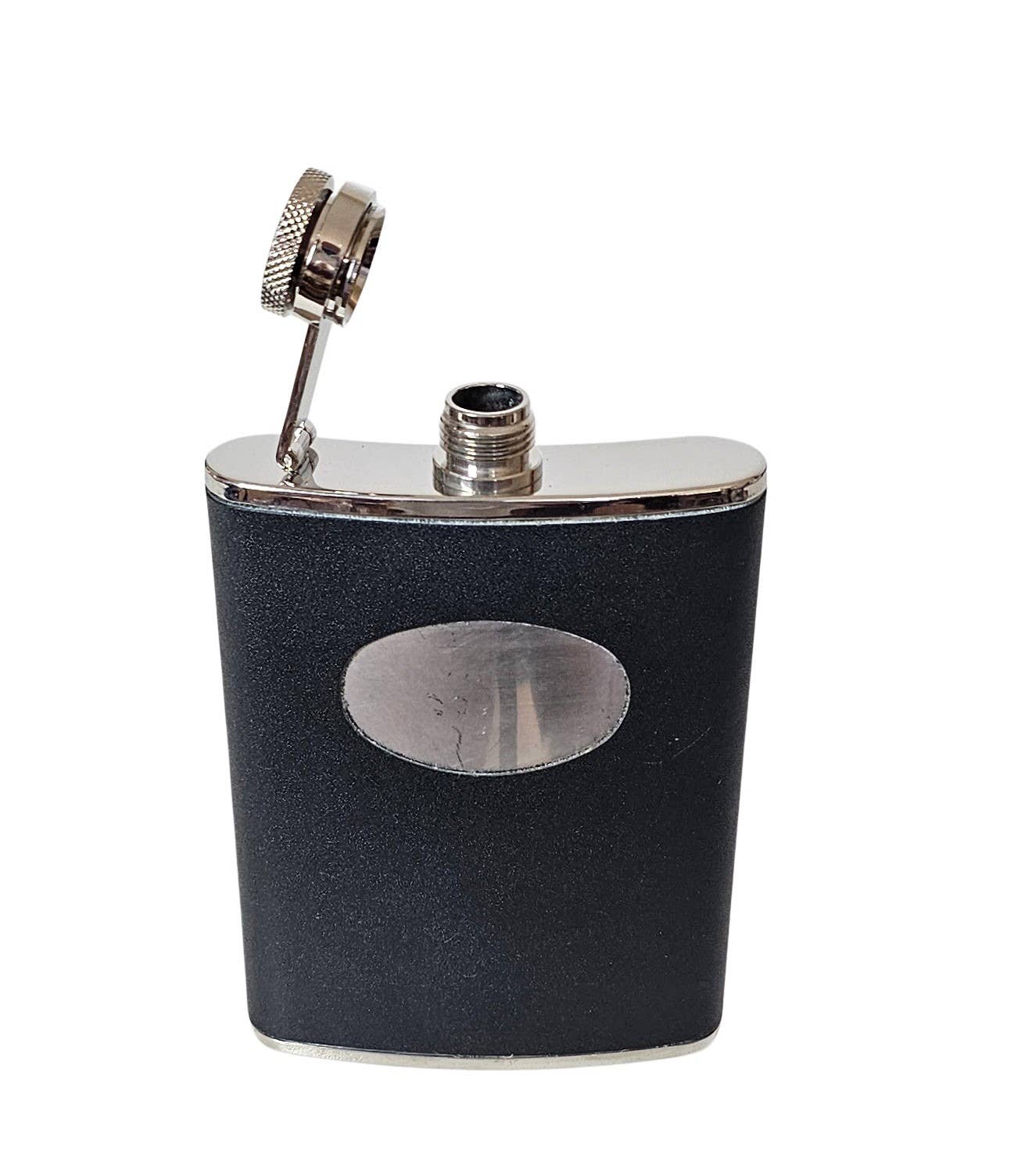 Corbell Silver - Wholesale Flask - Flask Captive Top BLACK LEATHER /STAINLESS 6 oz. WAS $29.503