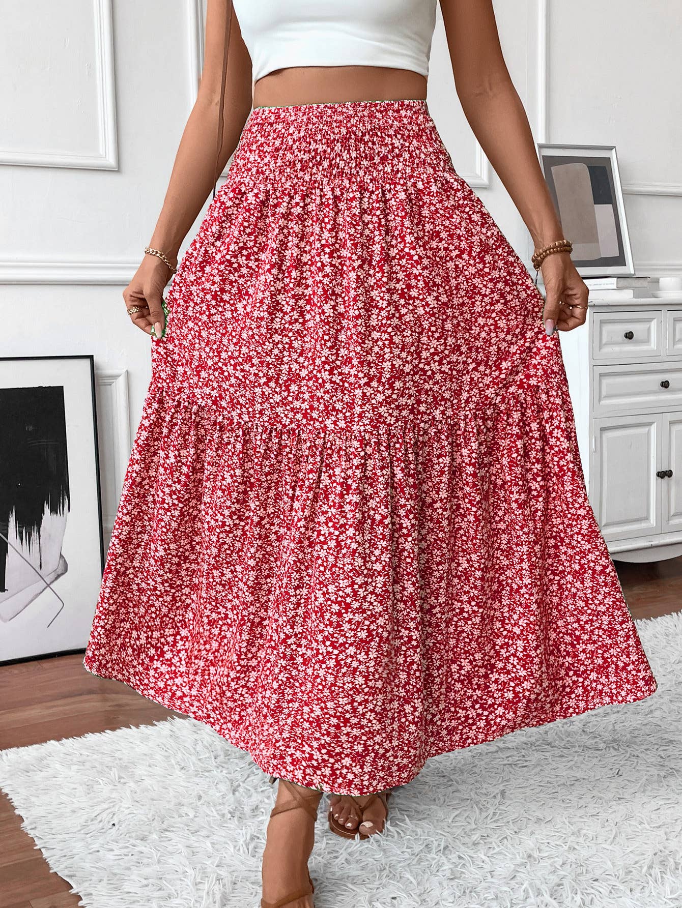 Rosa Clothing - Wholesale Skirt - Women's - Ditsy Floral Smocked Waist A-Line Skirt19