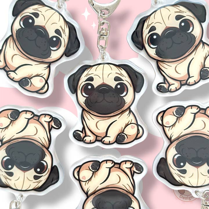 Fawn Pug Acrylic Dog Keychain with Epoxy Resin | Easy-Clip, Cute Dog Cartoon, Hand-Drawn Design, Dog Lover Gift for wholesale by Milly Made Designs