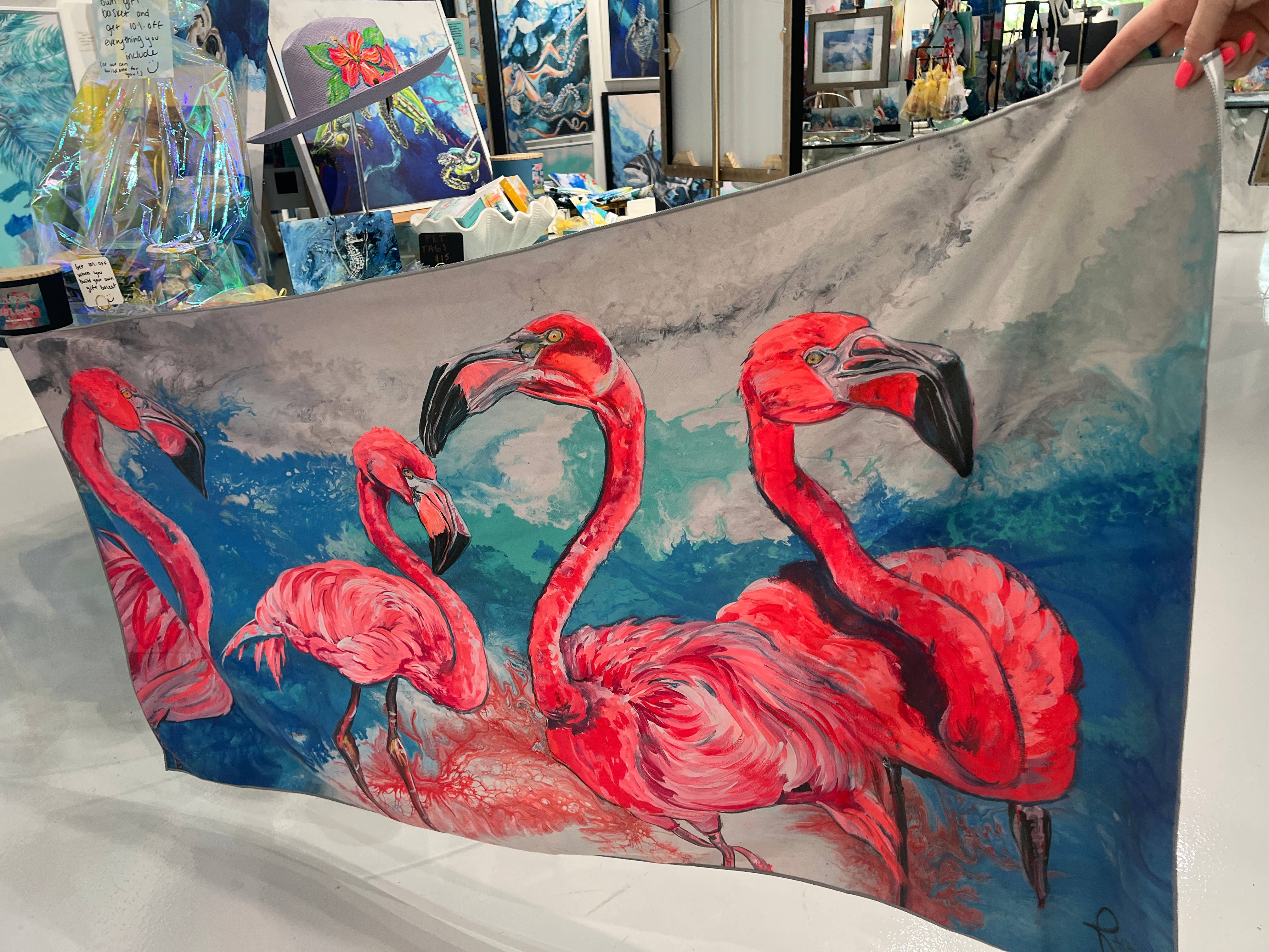 Rachel Pierce Art Gallery - Wholesale Beach Towel - Flamingos on the Beach Microfiber Beach Towel