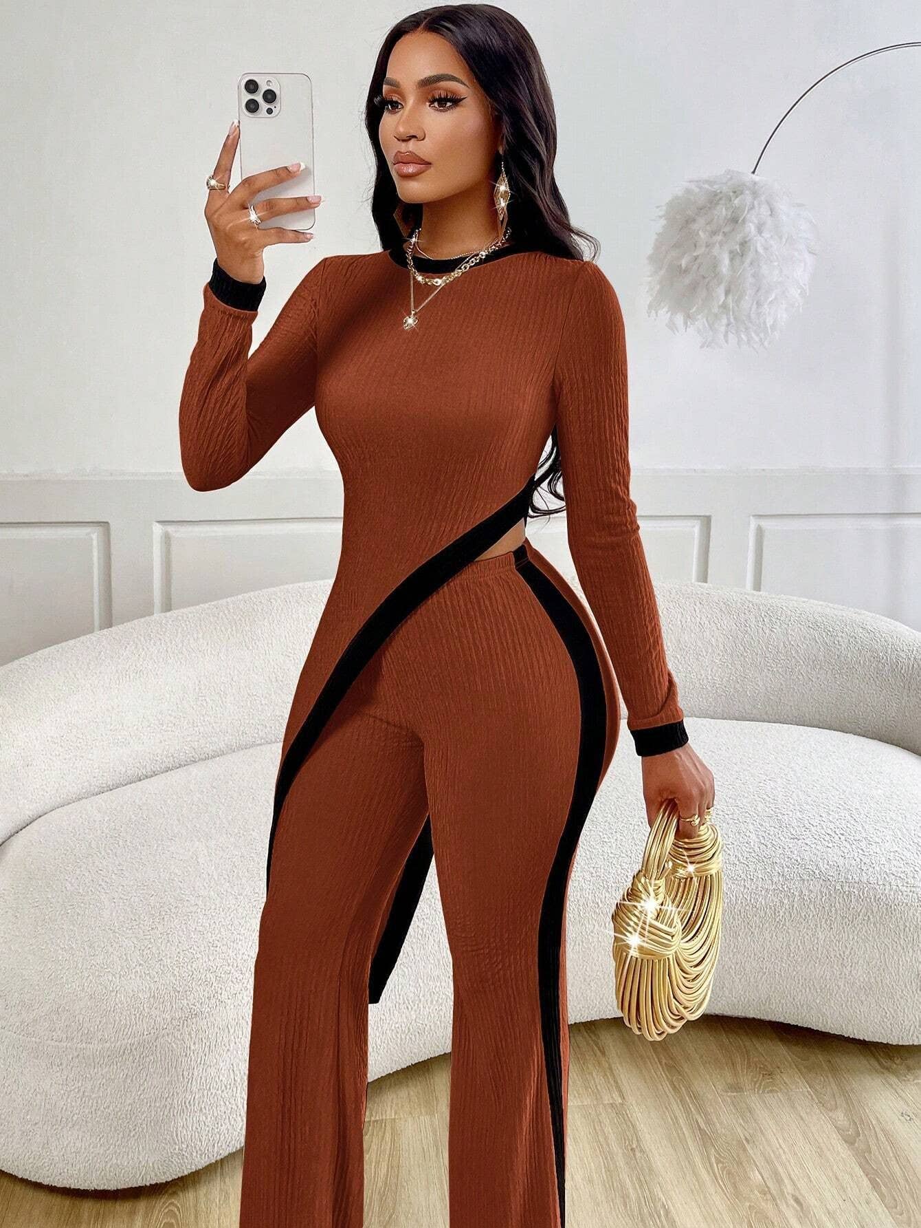 Lily Clothing - Wholesale Top & Pant Set (NOT Loungewear) - Women's - FASHION COLOR CONTRAST SHIRT PATCHWORK PANTS SUIT6