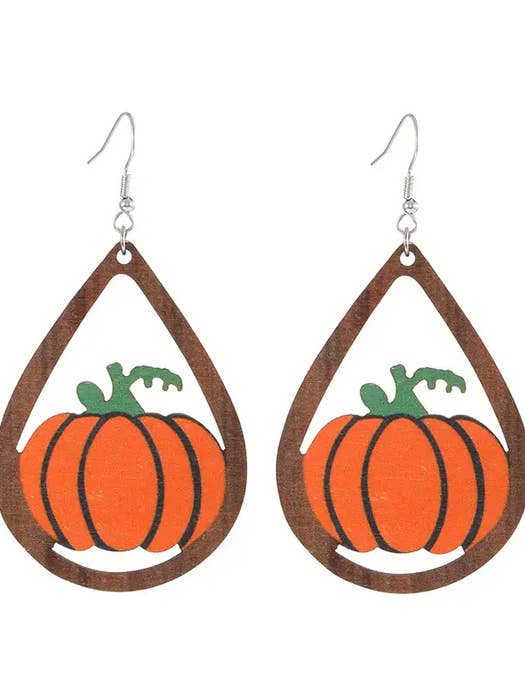 ( J010 ) HALLOWEEN THEME WOOD TEARDROP EARRING - PUMPKIN for wholesale by Jewelry Max