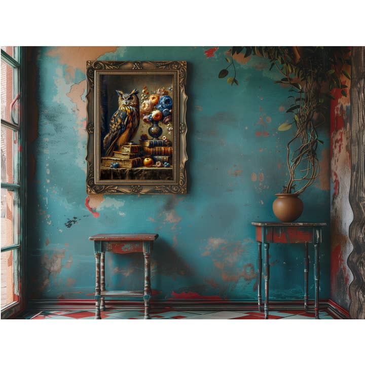 Salty Alyce - Wholesale Art Print - Vintage Blue and Gold Gothic Owl Wall Decor 136RD