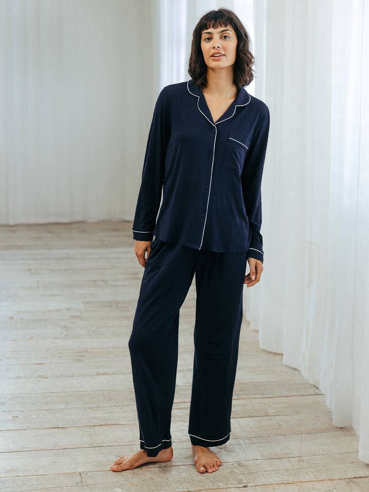 TENCEL™ Modal Long Button Up Pyjama Set - Navy for wholesale on Faire