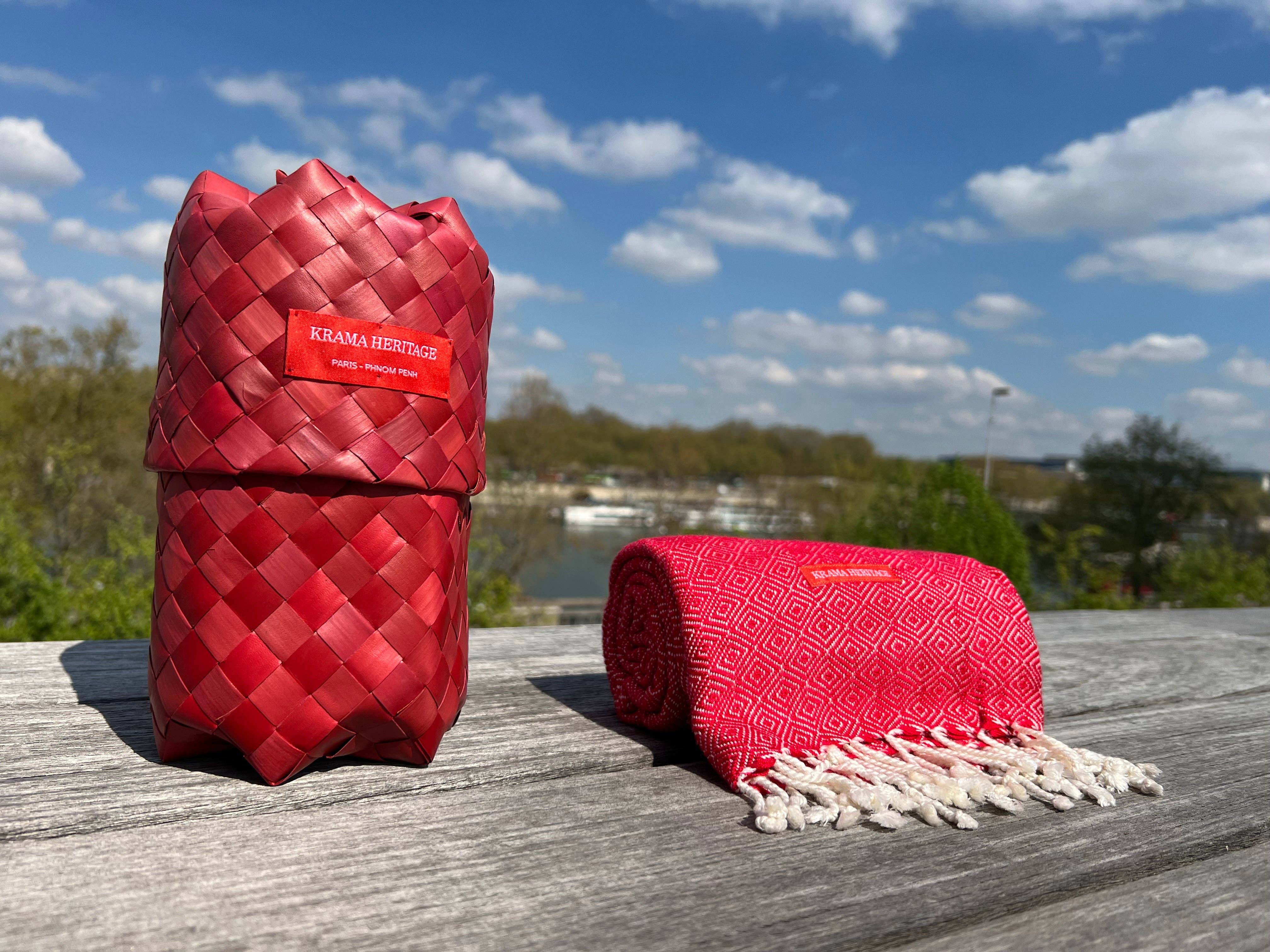 Krama Heritage - Wholesale Scarf - Women's - The Large Warm Poppy Red Krama in its palm leaf case - Woman1