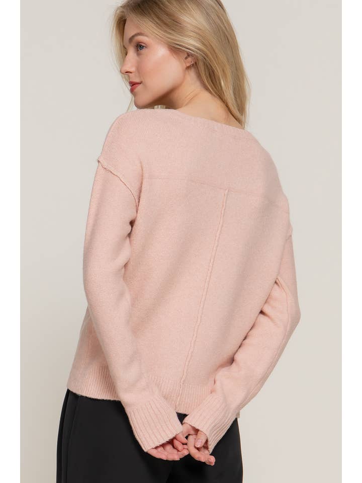 Active Basic | Active USA - Wholesale Knit Sweater - Women's - Long Sleeve V-Neck Raised Seam Detail Sweater