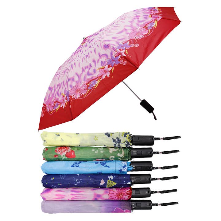 Cap Zone - Wholesale Umbrella - Women's - Floral Butterfly 8-Panel Bi-Fold Manual Umbrella