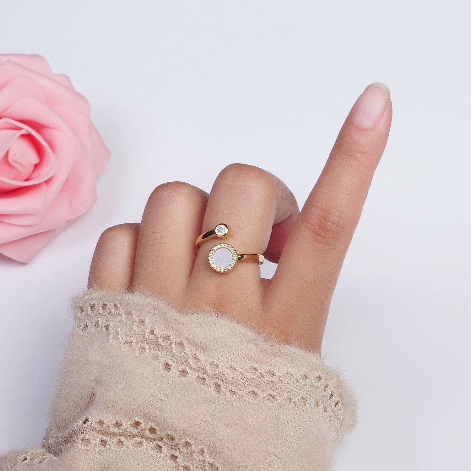 Aim Eternal – Anel multi-pedra por atacado – Gold Double Round Micro Paved CZ Shell Pérola, anel aberto ajustável zircônia | Y3871