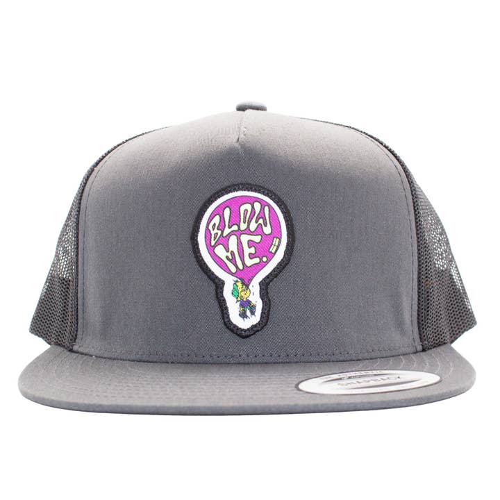 Blow Me Patch Retro Trucker Hat Grey & Black for wholesale by Bubble Gum Surf Wax