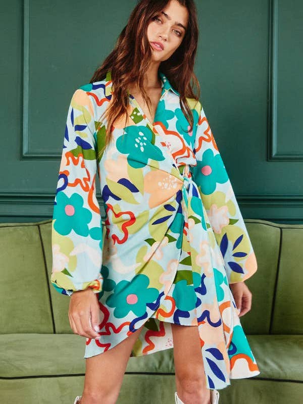 VENTE OUTLET D4062 Robe Mini à Imprimé Floral avec Manches Bouffantes et Ceinture Portefeuille pour la vente par BUCKETLIST OUTLET