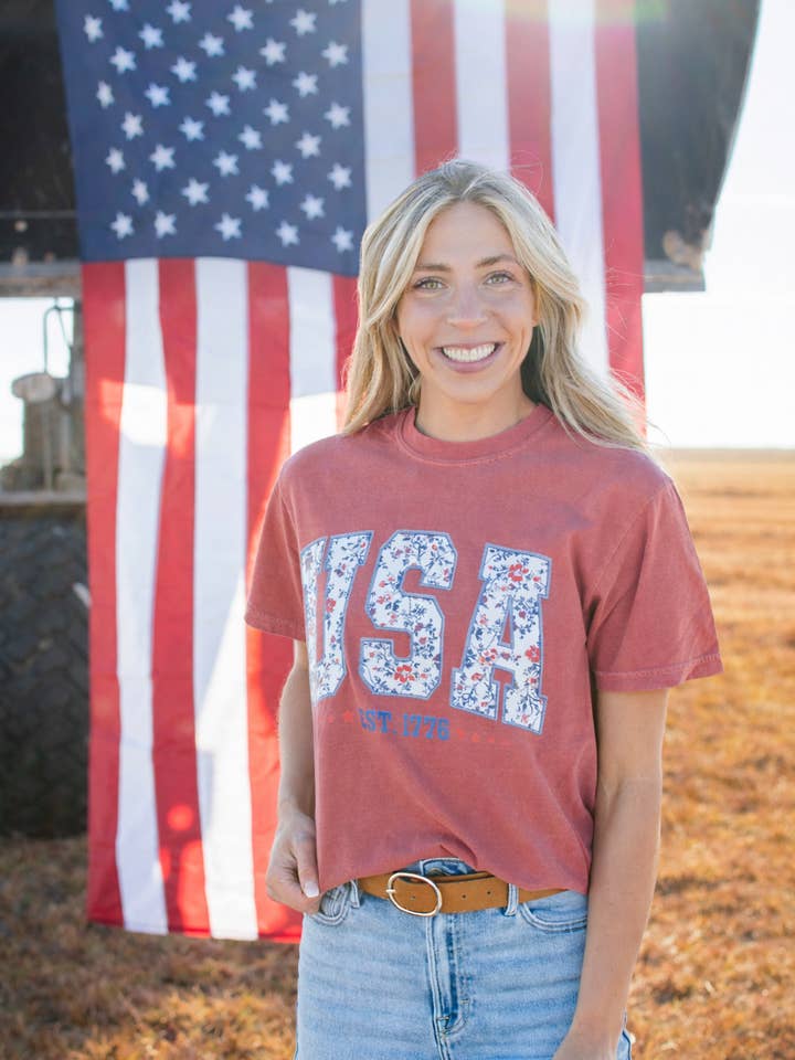 Westen Patriotic Floral 'USA' Washed Red Graphic Tee for wholesale by American Farm Company