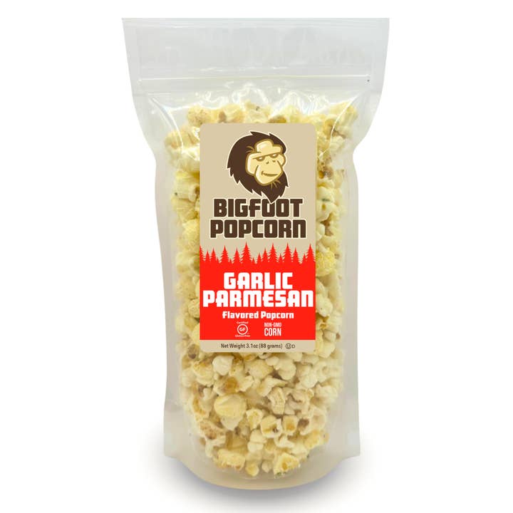Maïs soufflé gourmet ail parmesan pour la vente par Bigfoot Popcorn