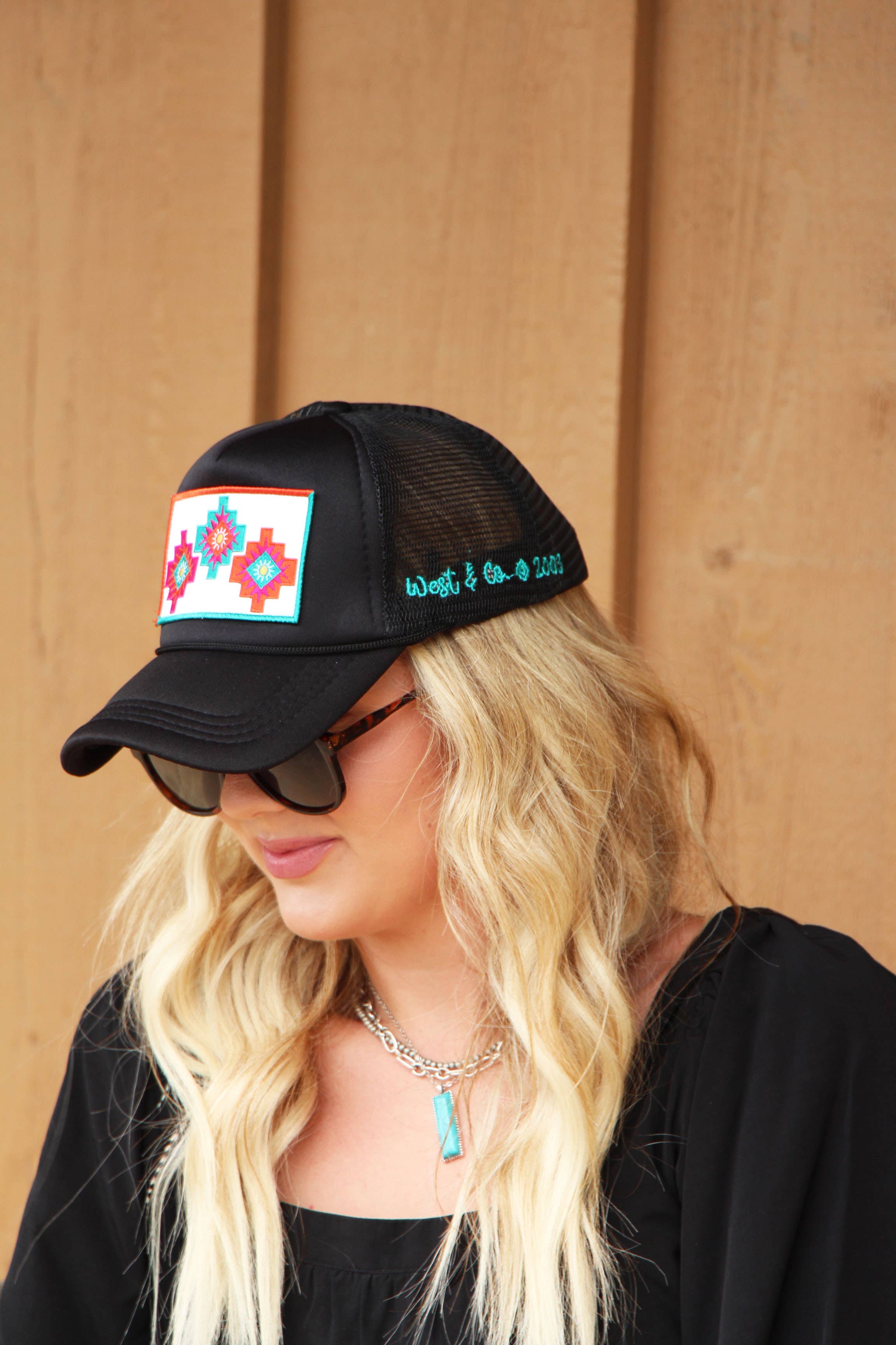 West & Co. - Wholesale Trucker Hat - Women's - Black Trucker Cap with 3 Aztec Symbol Embroidered Patch4