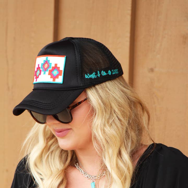 West & Co. - Wholesale Trucker Hat - Women's - Black Trucker Cap with 3 Aztec Symbol Embroidered Patch4
