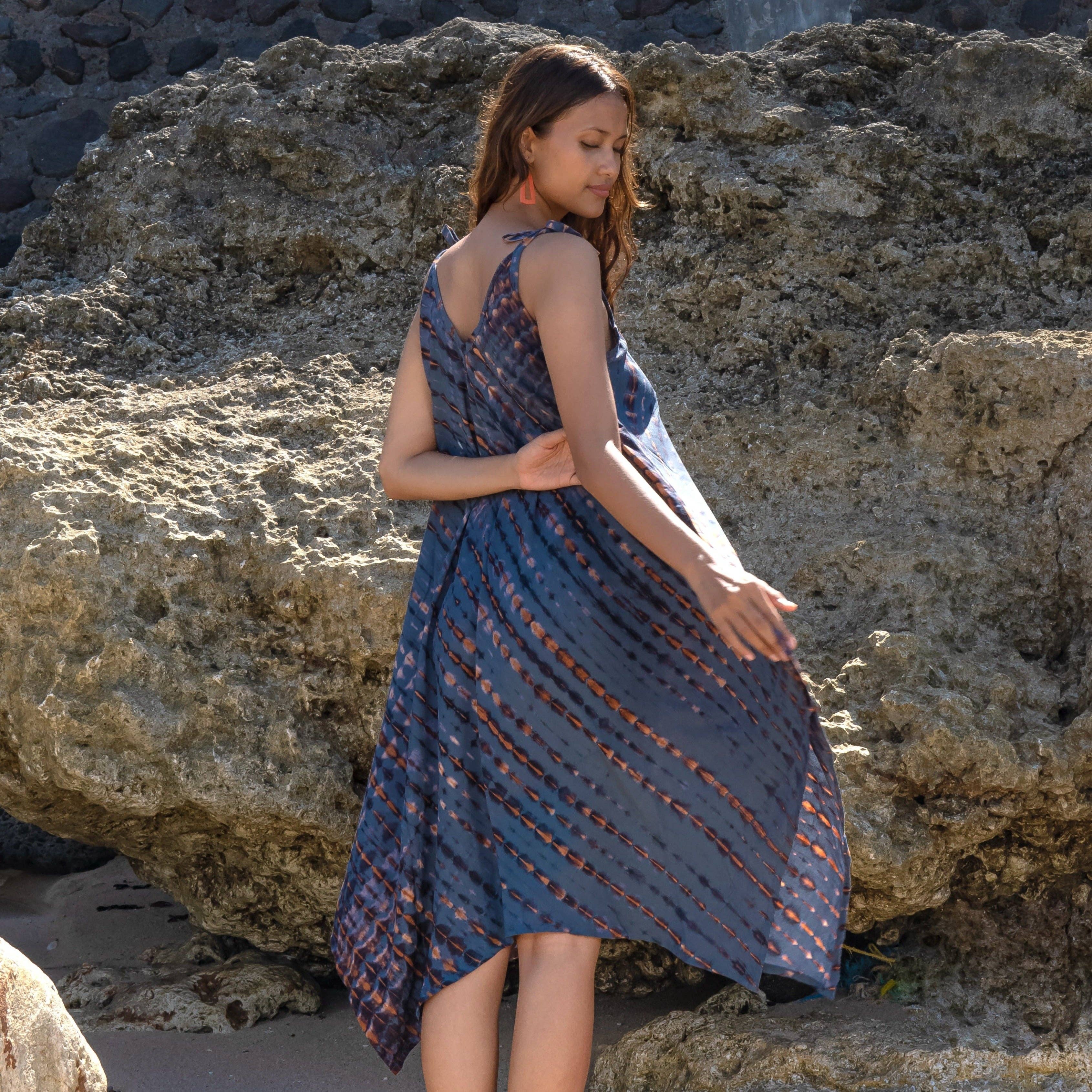 Suzie Blue Canada - Wholesale Dress - Women's - Handkerchief Dress In Denim & Gold Tie Dye1