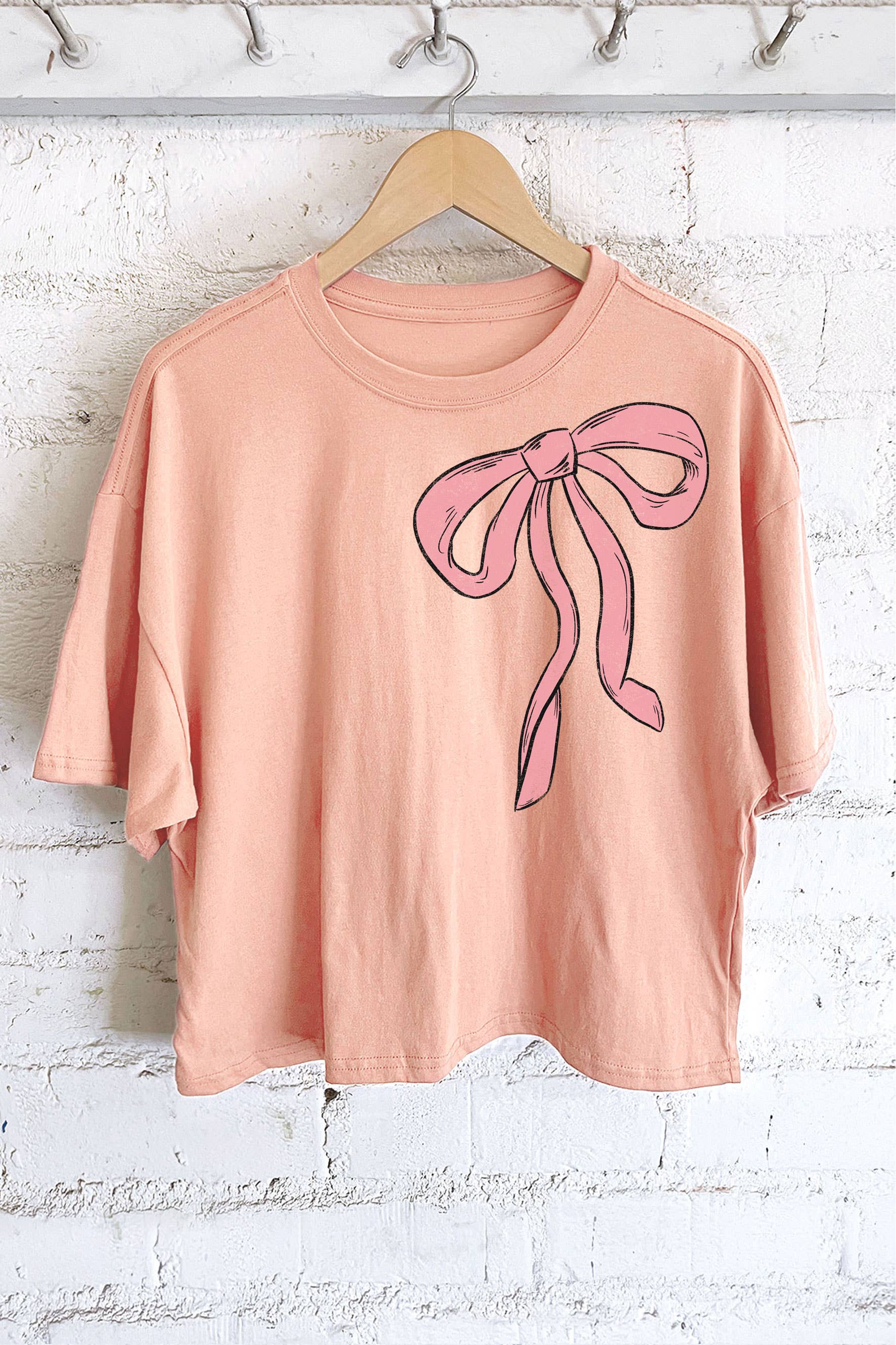 Rustee Clothing - Wholesale Screen Printed T-Shirt - Women's - COUQUETTE PINK RIBBON GRAPHIC LONG CROP TOP1