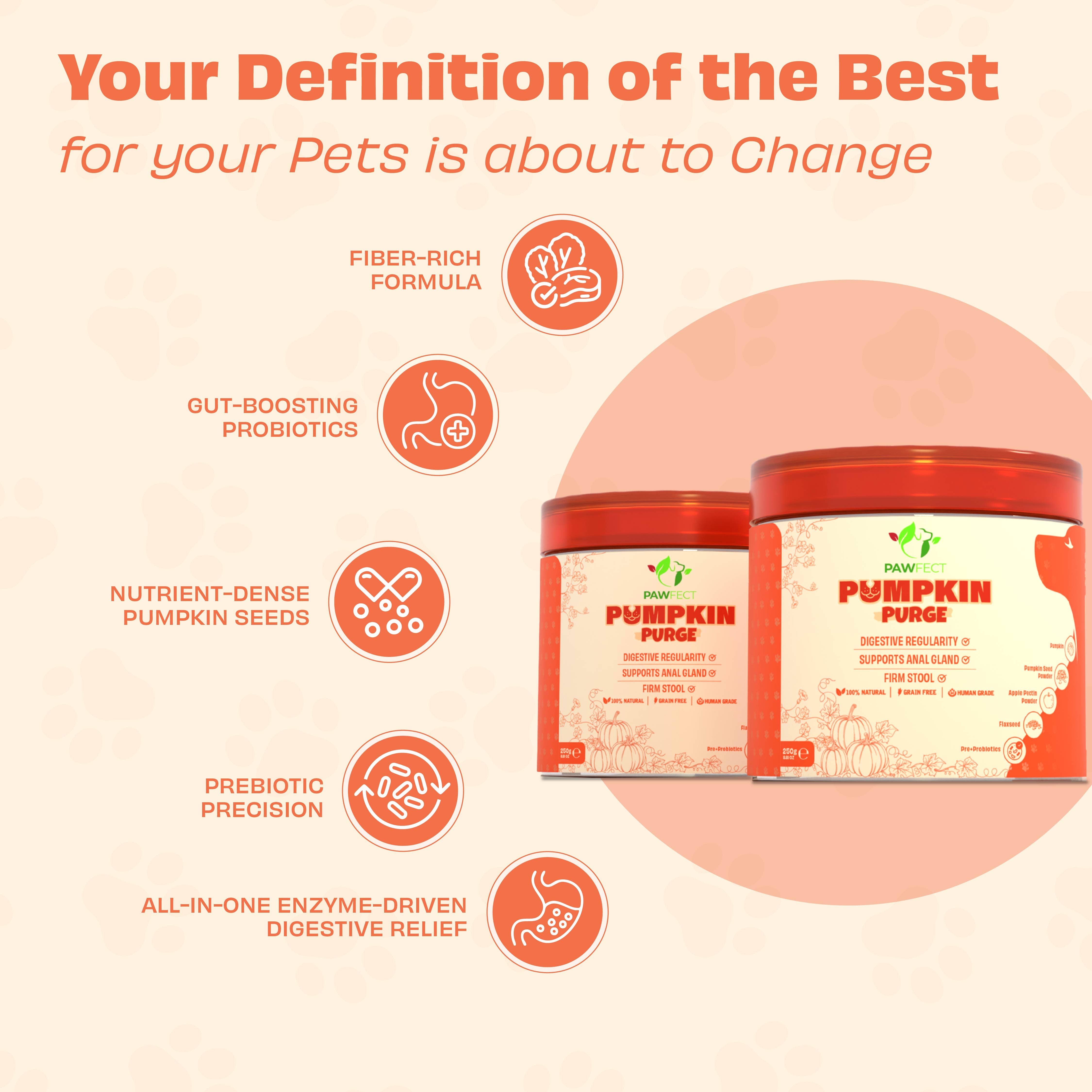 Pawfect Foods – wholesale Kosttillskott för husdjur - Hund – Pawfect Pumpkin Purge dagligt tillskott för hundar | 100 % naturligt | Berikat med äppelpektinpulver, linfrön, pre- och probiotika | Främjar matsmältning och fast avföring | Stöder analgrendränering (250 g)3