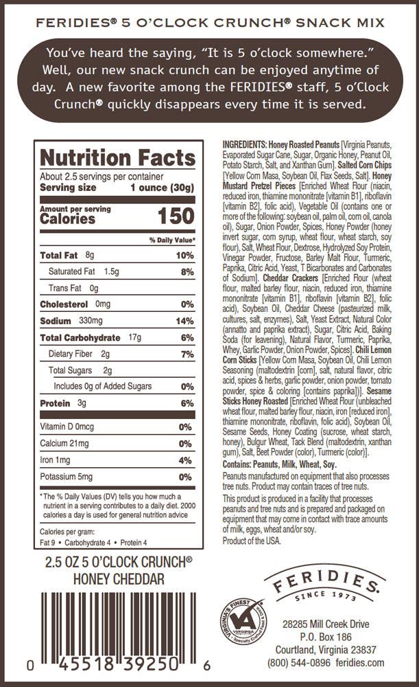 FERIDIES - Wholesale Trail Mix - 2.5oz Printed Barrier Bag 5 O'Clock Crunch Snack Mix1