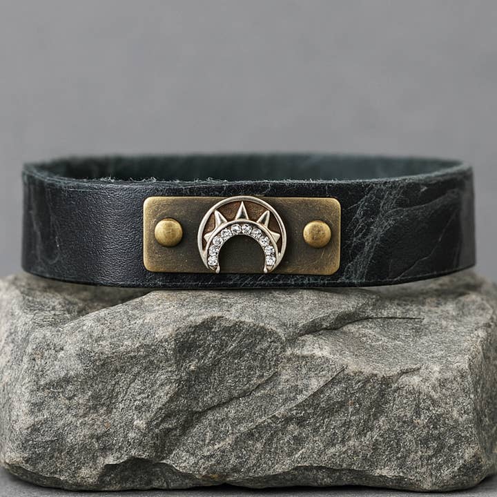 Leather Stacker Cuff w/ Vintage Antiqued Crescent Moon for wholesale by KBD Studio