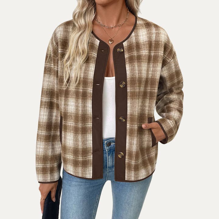 Must Have Coffee Multi Plaid Button-Front Long Sleeve Jacket for wholesale by The Moment Collection