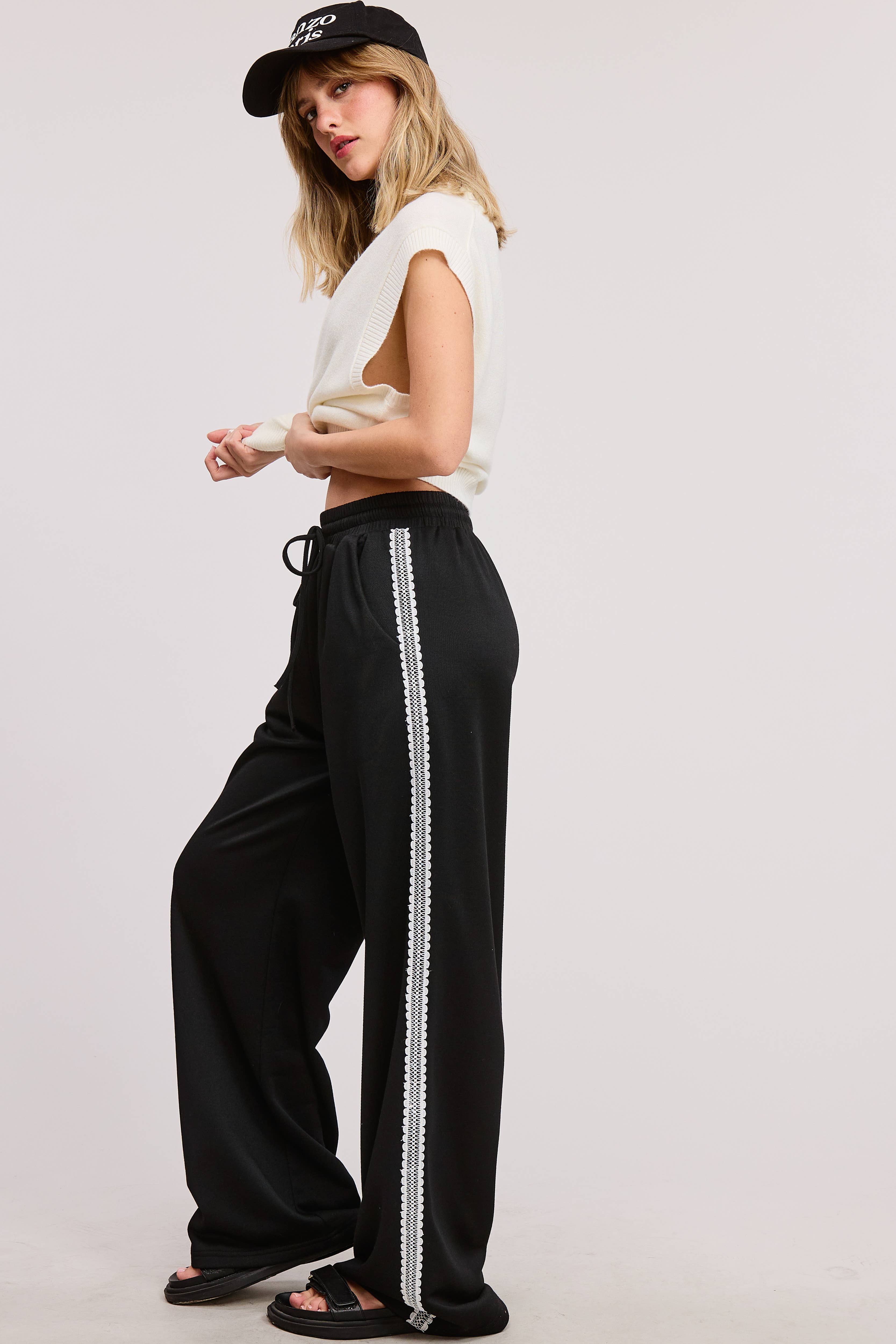 Black Lace Trim Wide Leg Track Pants with Drawstring Waist for wholesale on Faire15