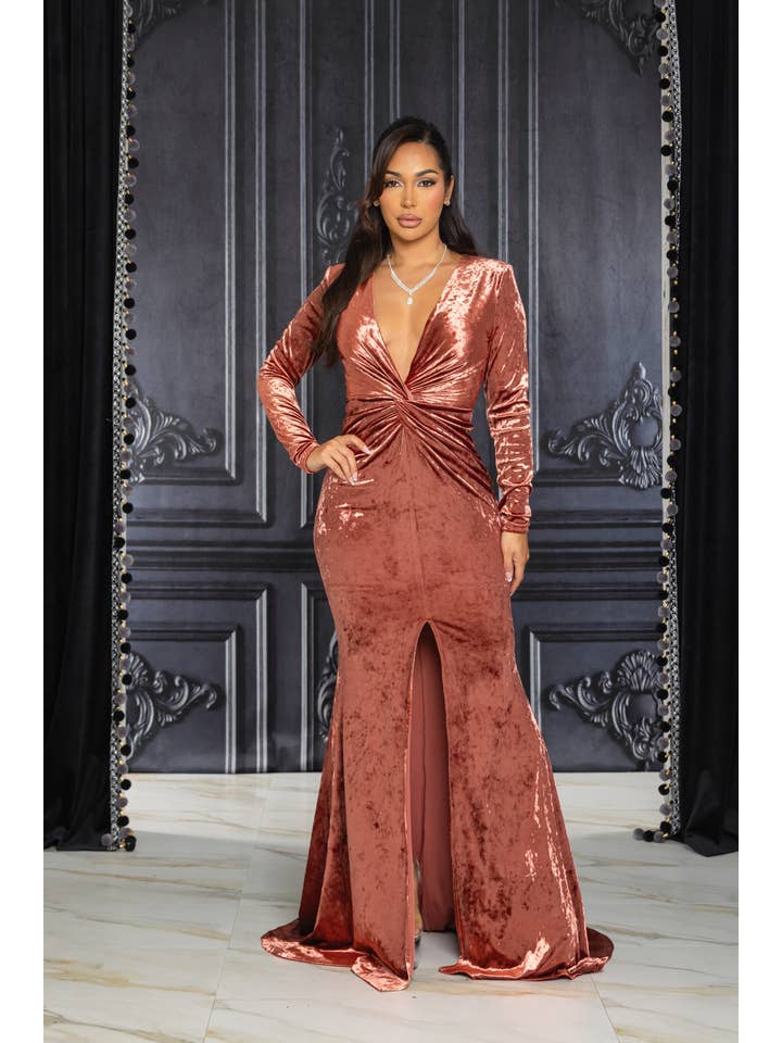 RICARICA INC. - Wholesale Dress - Women's - 7213-XL ONLY SOLID CRUSHED VELVET LONG SLEEVE MAXI DRESS3