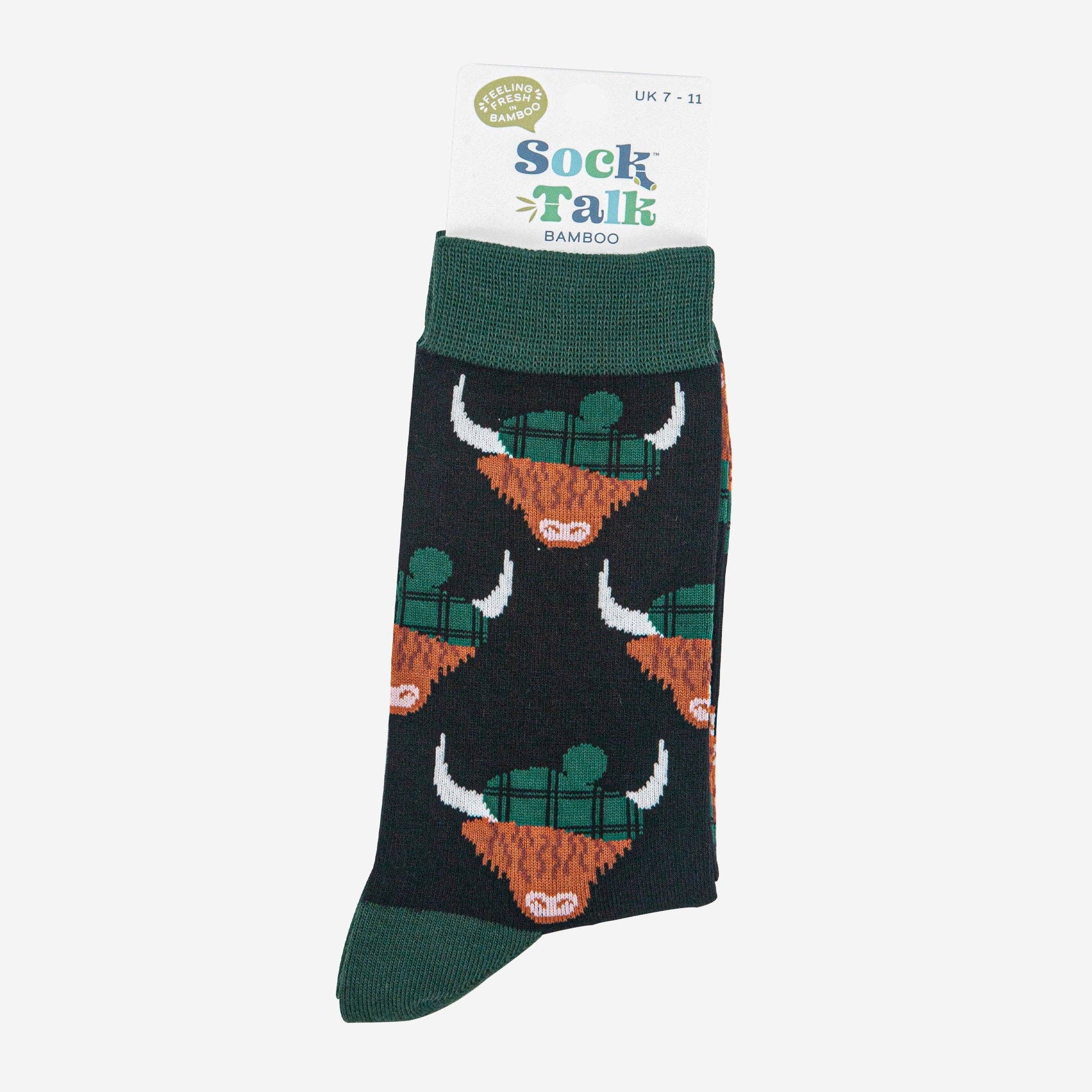 Sock Talk - Vente Chaussettes – homme - Chaussettes en bambou pour hommes - Noir/Vert Forêt, Vache Highland3