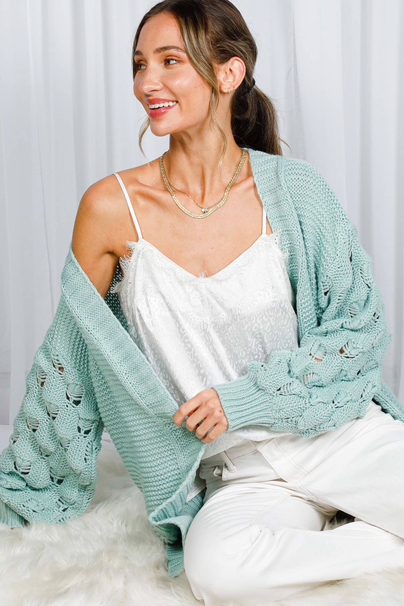 Vine & Love – Cardigan - Mulher por atacado – Cardigã de Malha Grossa com Manga de Croché Casual Bubble VJ312221