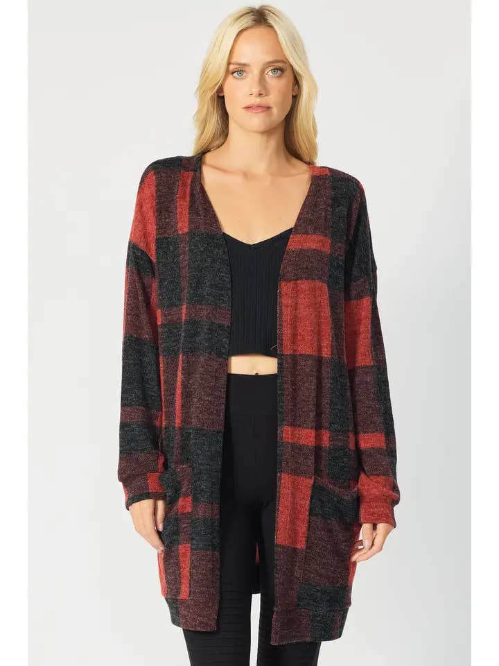 RED PLAID OPEN FRONT LONG CARDIGAN FSLSJ1001 for wholesale by Stylish Wholesale