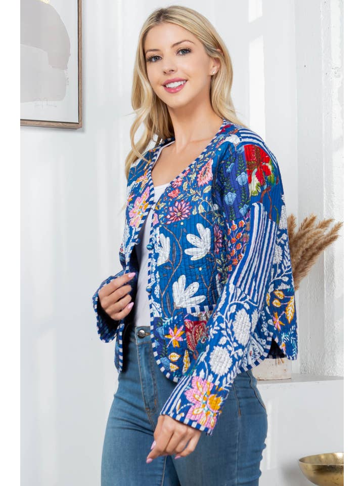 LA Soul - Wholesale Jacket - Women's - Floral Print Quilted Patch Cotton Jacket - Blue