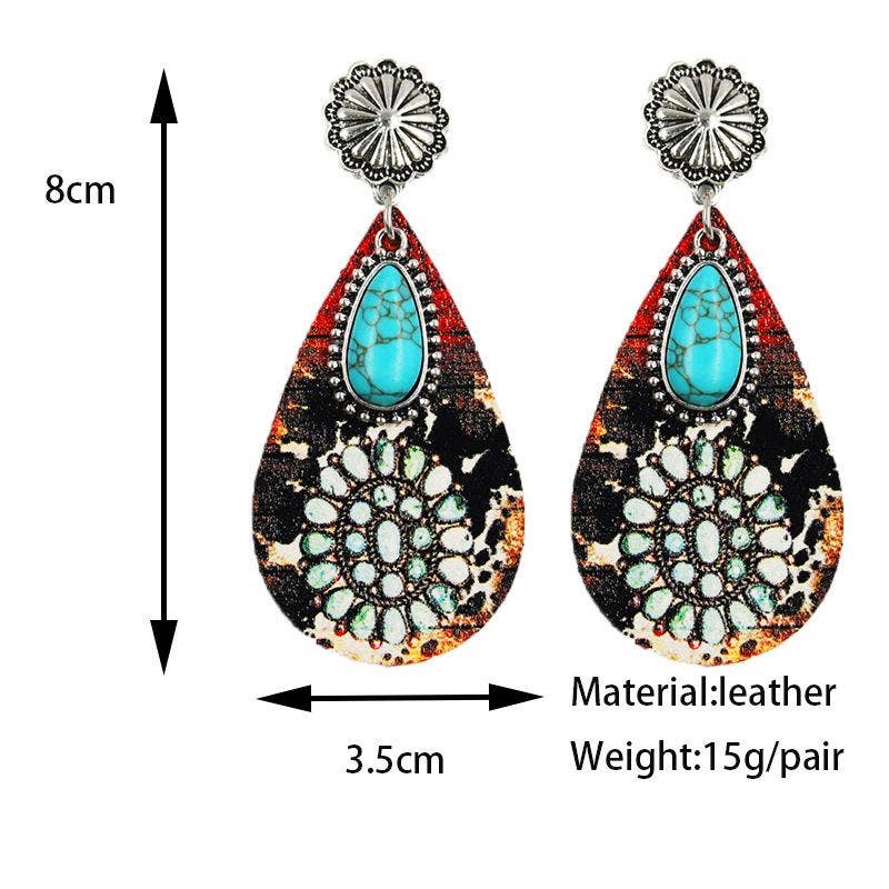 Mio Queena - Wholesale Dangle Earrings - Western Drop-shape Leather Turquoise Pendant Earrings - WJ2