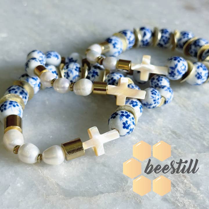 Chinoiserie Blue Rosary Bracelet for wholesale by BeeStill Design
