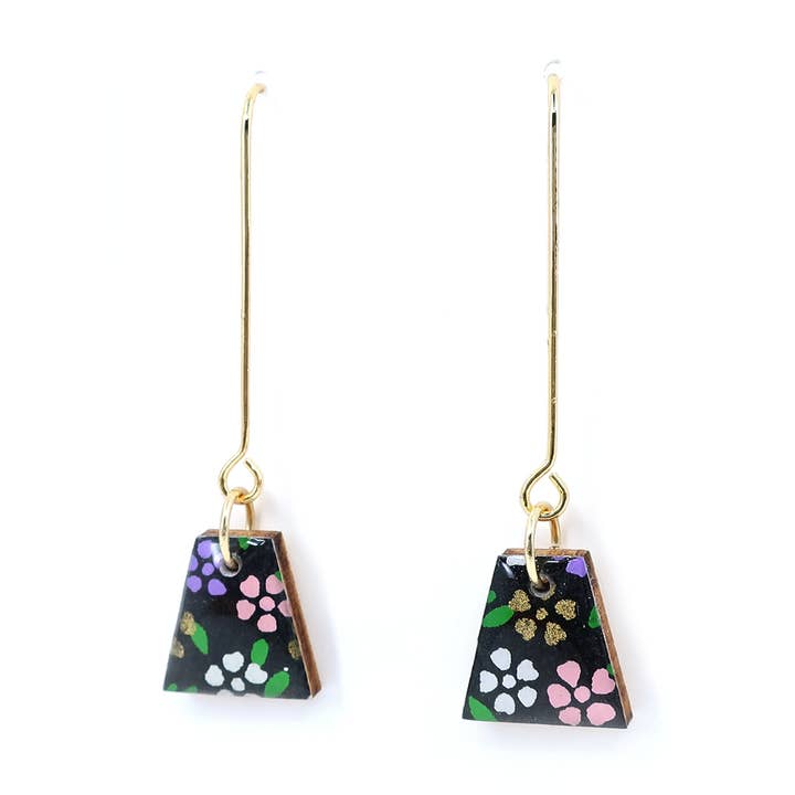Black floral Washi long earrings with 18K gold plated hook for wholesale by autumn + tree
