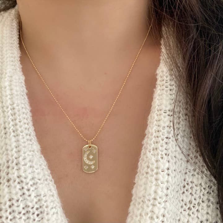 Amady Jewelry - Wholesale Pendant/Charm Necklace - Half Moon Crescent Star Medallion 18K gold dog tag necklace