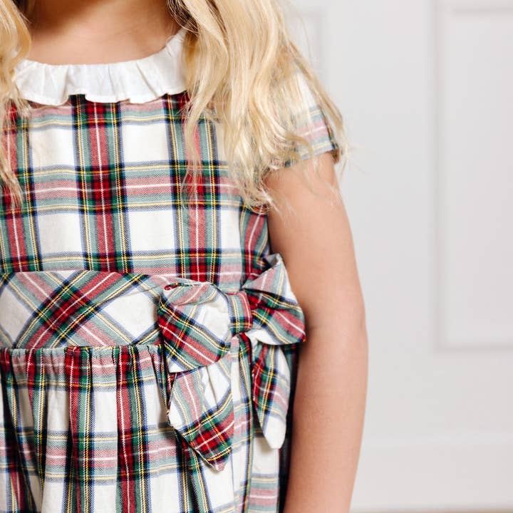 Ivory Holiday Tartan Ruffle Collar Organic Party Dress for wholesale on Faire