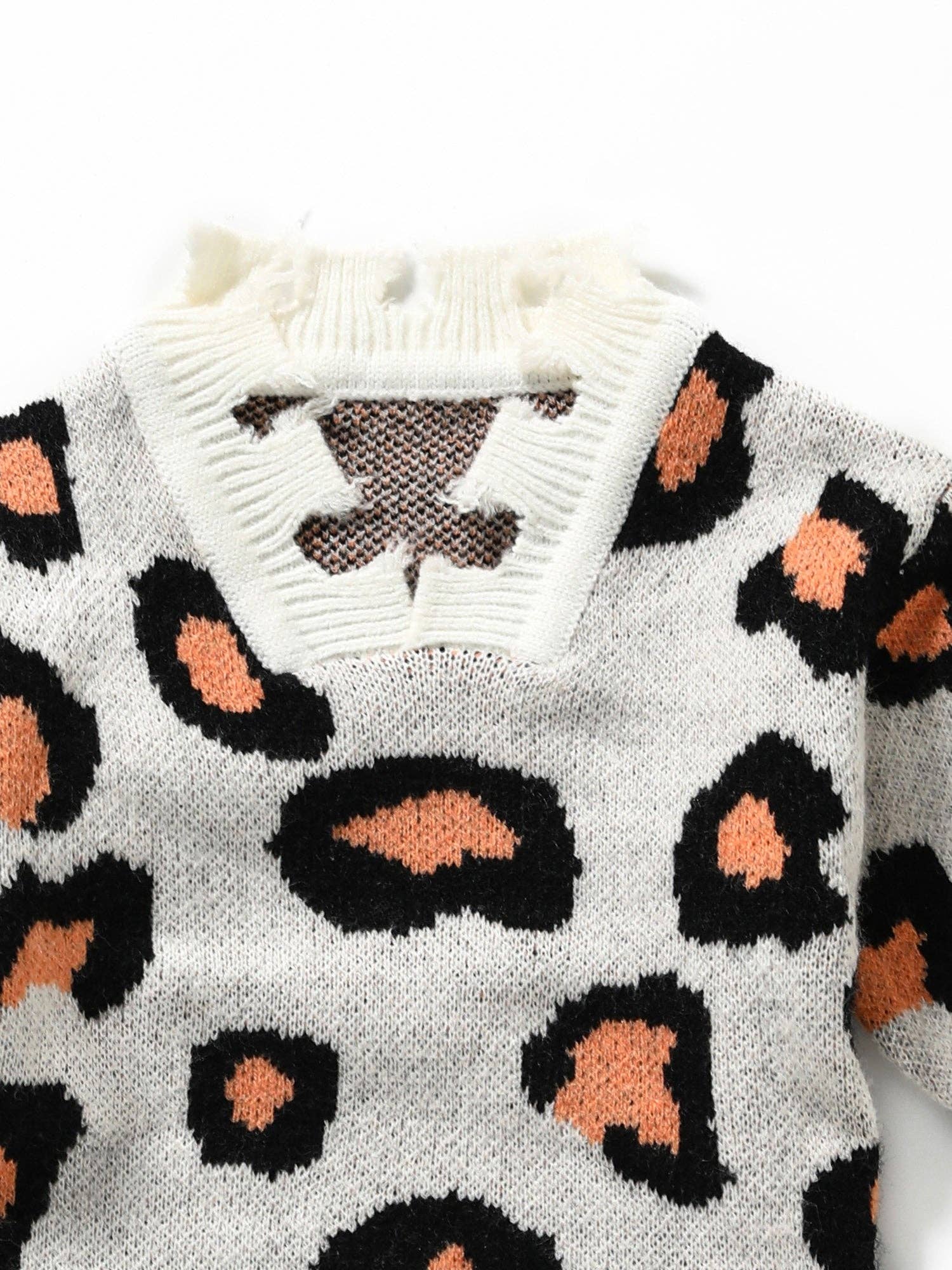 sassy kids palace - Vente Pull en maille – enfant - Pull guépard beige à ourlet vieilli pour fille1