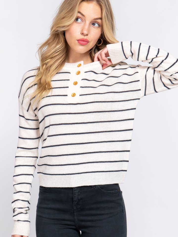 42POPS - Wholesale Knit Sweater - Women's - ,._ SI-24900 FITTED LONG SLV PLACKET STRIPE SWEATER