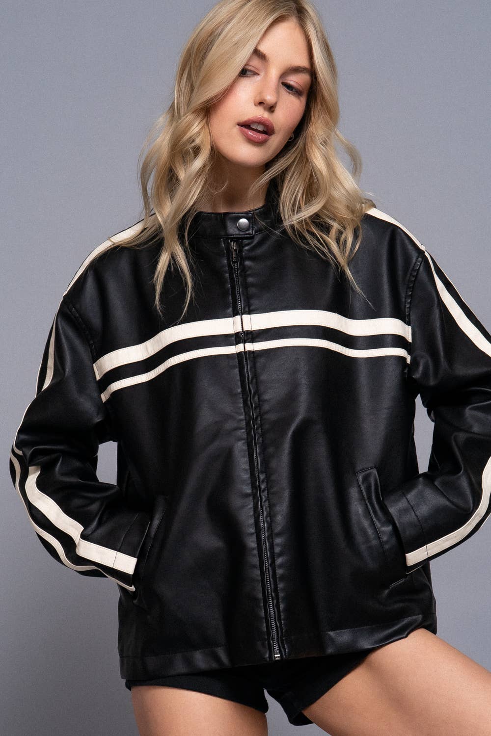 Active Basic | Active USA - Wholesale Leather Jacket - Women's - Long Sleeve Line Detail Washed Effect Faux Leather Jacket2