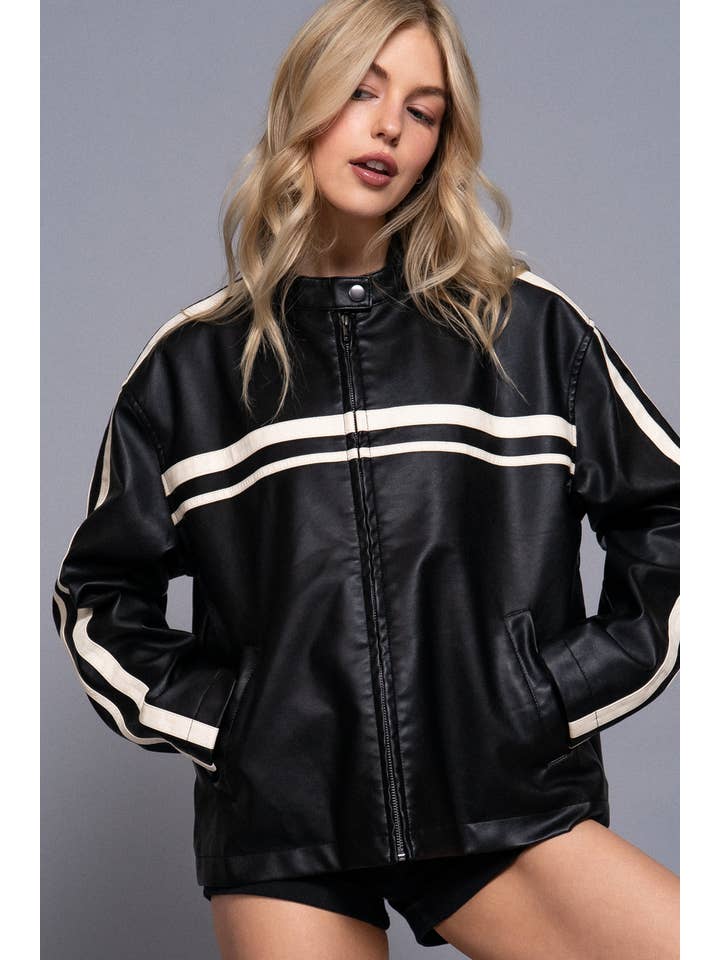 Active Basic | Active USA – wholesale Leather jacket – Women′s – Long Sleeve Line Detail Washed Effect Faux Leather Jacket2