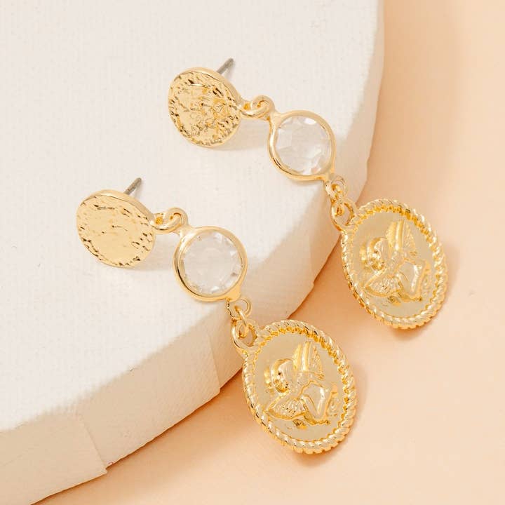 Cherub Coin And Gem Link Dangle Earrings for wholesale by The Looks by Fame Accessories
