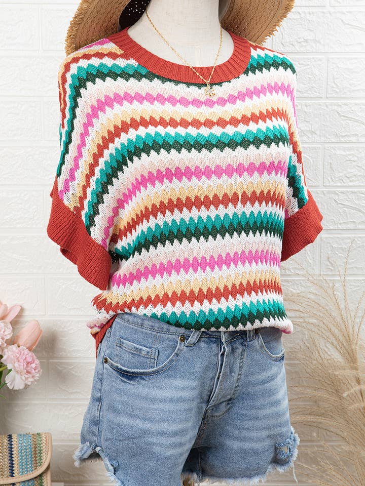 Fiery Red Fashion-W Trimmed Ruffle Sleeve Colorful Textured Sweater for wholesale on Faire8