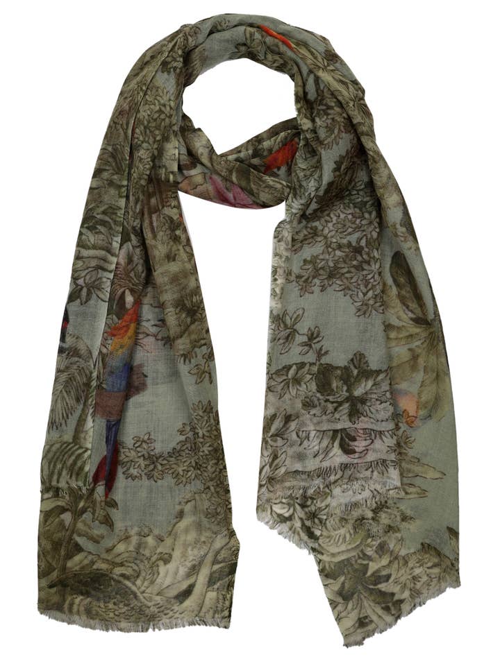 Sciarpa di design in seta e merino con stampa di pappagallo Ara per la vendita all'ingrosso da parte di Namaskar Australia
