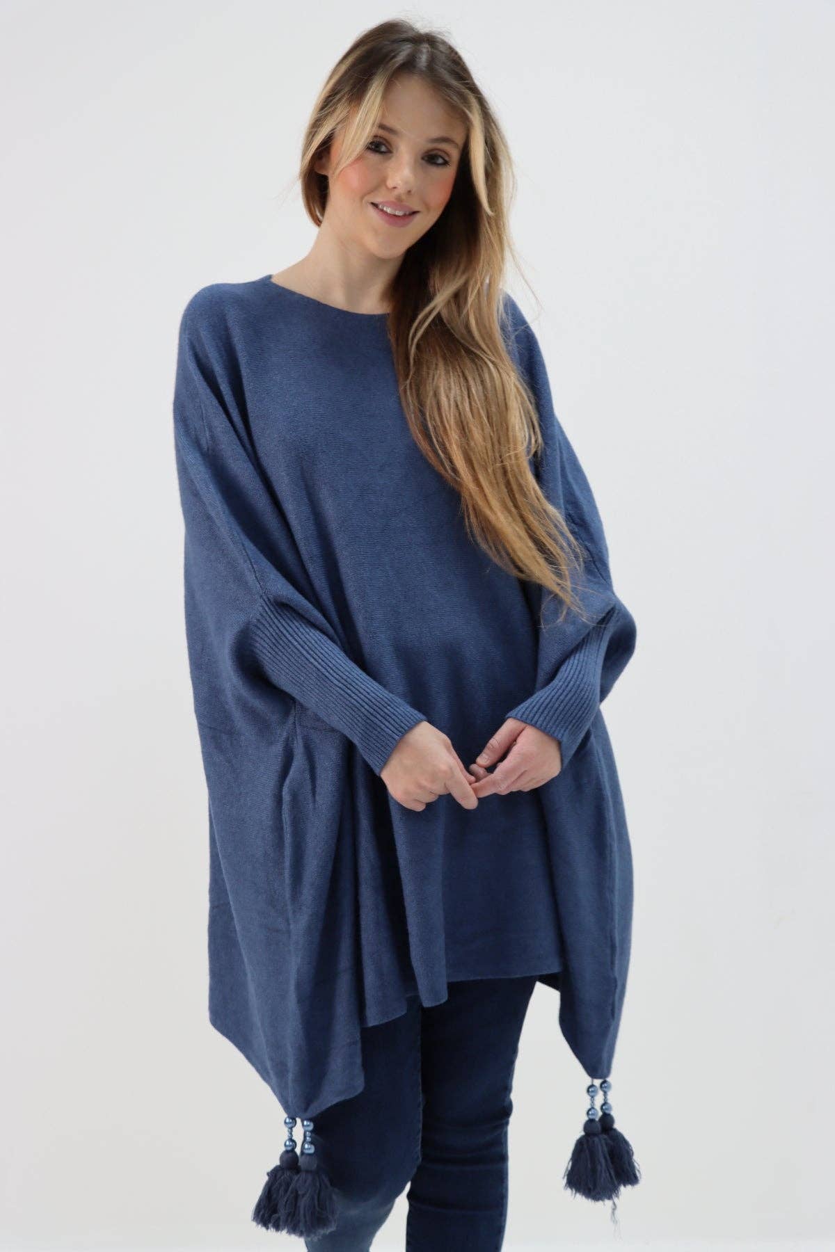 Miss Bold - Wholesale Poncho - Women's - Italian Plain Batwing Sleeves Tassels Tunic Poncho13